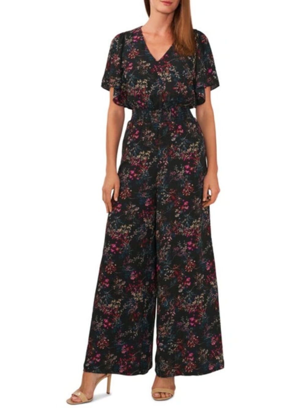 HALOGEN Floral V-neck Flutter Sleeve Jumpsuit In Junebug Print size Medium/ Larg